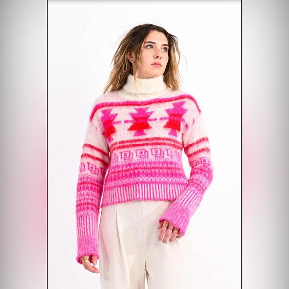 LILI SIDONIO Turtleneck soft fuzzy fair isle sweater Size L - Picture 1 of 7